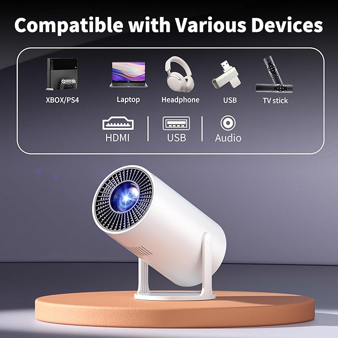 Mini Projector Portable Proyector 4K Support, Full HD 1080P Small Projector with 270° Rotatable Stand, Movie Projector Compatible with TV Stick/Smartphone/HDMI/USB for Bedroom/ Outdoor Camping