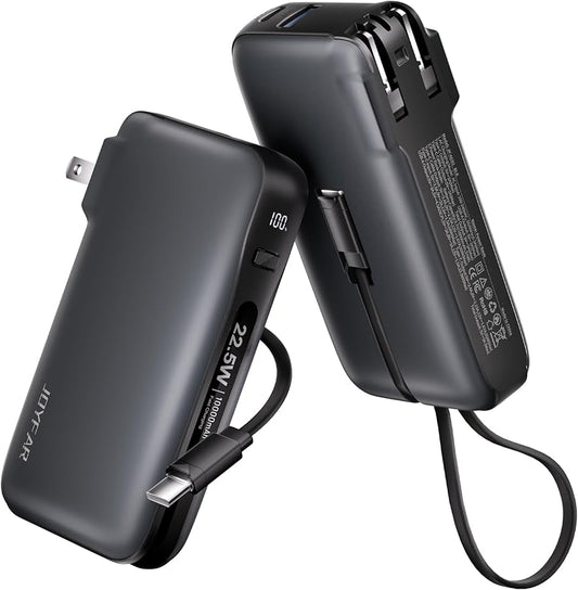 22.5W Portable Charger with Built-in USB-C Cable & Wall Plug, 10,000mAh Fast Charging USB C Power Bank, Travel Essential Battery Pack for iPhone 16/15 Series, Samsung Galaxy, iPad More Devices