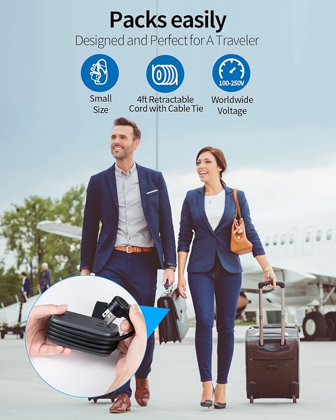 2 Pack Power Strip with USB Ports, 4 Outlets 3 USB Ports, NTONPOWER Small Power Strip with 4ft Short Extension Cord Retractable, Compact Size for Travel, Home Office, Hotel, Black