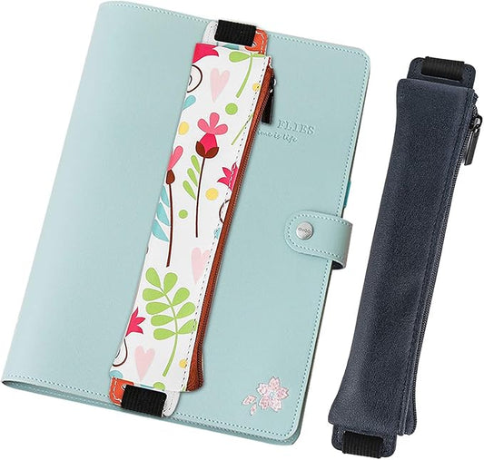 MoKo Pencil Case (2 Pack), PU Leather Pen Pencil Pouch Holder Stationery Zipper Bag with Elastic Strap for Pens, Pencils, Markers, Eraser - Printing & Dark Blue