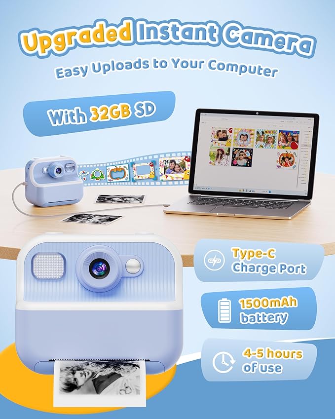Instant Camera, Front Rear Dual Selfie Kids Camera with 1080P Videos, Holiday Birthday Gifts for Kids Age 3-12, Toddler Portable Travel Print Digital Camera Toy for 4 5 6 7 8 9 Year Boys Girls