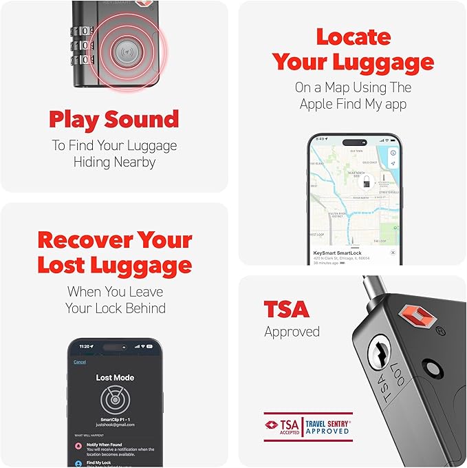 KeySmart SmartLock Tracking Luggage Locks, TSA Locks for Luggage, GPS Tracker, Combination Lock Compatible with Apple Find My App, Best Travel Essentials, Replaceable Non-Rechargeable Battery (1 Pack)
