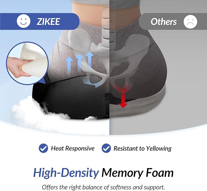 ZIKEE Thickened Seat Cushion, Ergonomic Memory Foam Hemorrhoid Pillow for Hip, Sciatica, Long Sitting Relief, 6.0" Thick Office Chair Cushion with Widened Cutout for Tailbone Pain Relief in Car, Home