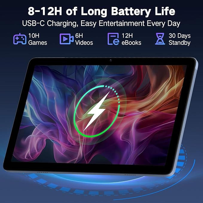 Android Tablet 10 Inch, Android 15 Tablets 2025 for Adults, Octa-Core, 12GB RAM,128GB Storage(2TB Expandable), Large Touch Screen Tablet with 10H Battery Life,WiFi & Bluetooth 5.0,Gray Blue