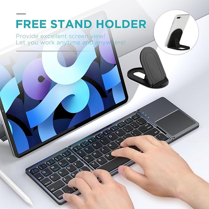 Foldable Bluetooth Keyboard with Touchpad - Portable Wireless Keyboard with Holder, Rechargeable Full Size Ultra Slim Pocket Folding Keyboards for Android Windows iOS Tablet & Laptop Travel Keyboards