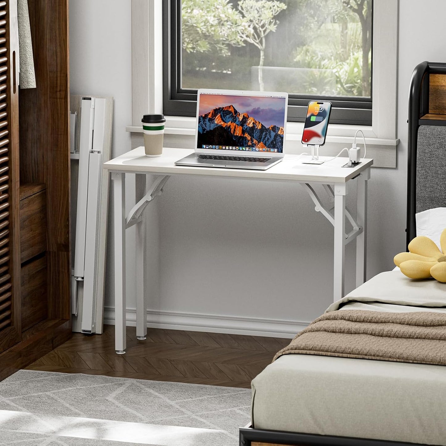 TEMI Small Computer Desk Folding Table - No Assembly, Compact 35.8" Foldable Desk with Power Outlets & USB Charging Port, Portable Small Office Desk, Ideal Mini Study Table for Narrow Spaces,White Ash