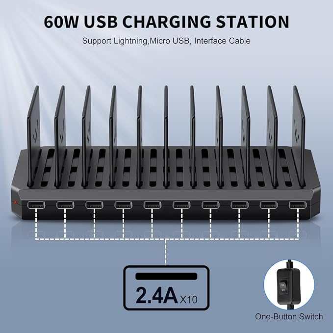 USB Charging Station for Multiple Devices, 10 Port 60W Multiple USB Charger Station with Adjustable Dividers, Fast Charging Station Hub for Hotels, Shops, Schools, Shopping Malls and Travel
