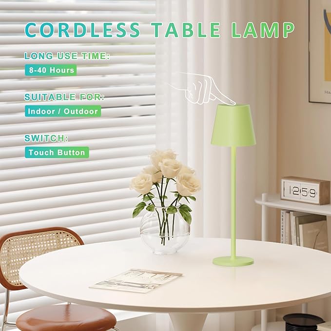 Kakanuo Yellow Green Cordless Table Lamps, Rechargeable Lamp, Battery Operated Lamps, Touch Control Table Lamps, 3 Color Temperature, Stepless Dimmable, LED Portable Wireless Battery Lamp, Set of 2