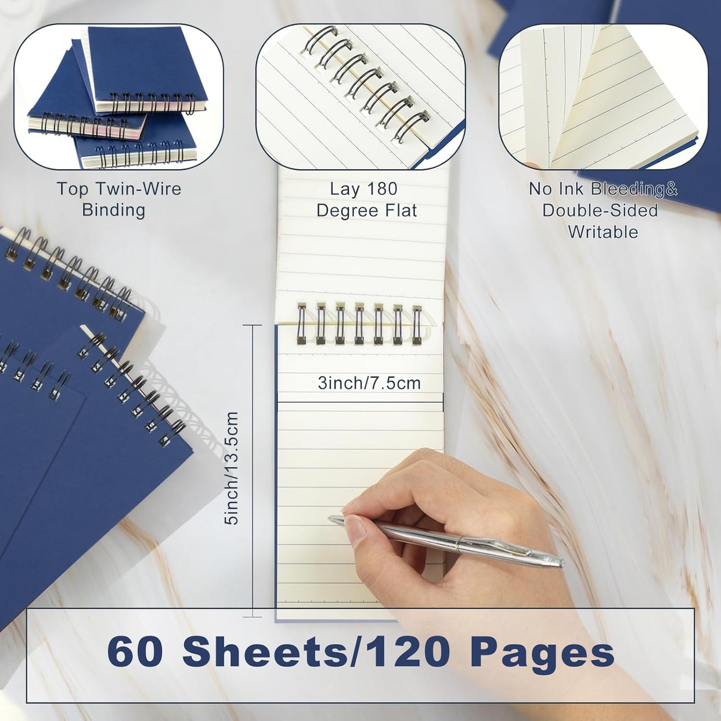 Tenceur 2 Pcs Pocket Notebook Bulk Small 3x5 Inch Spiral Notepads Mini Top Bound Notebook with Lined 120 Pages Ruled Memo Pads for Office College Nurse Essentials Back to School Gift (Blue)