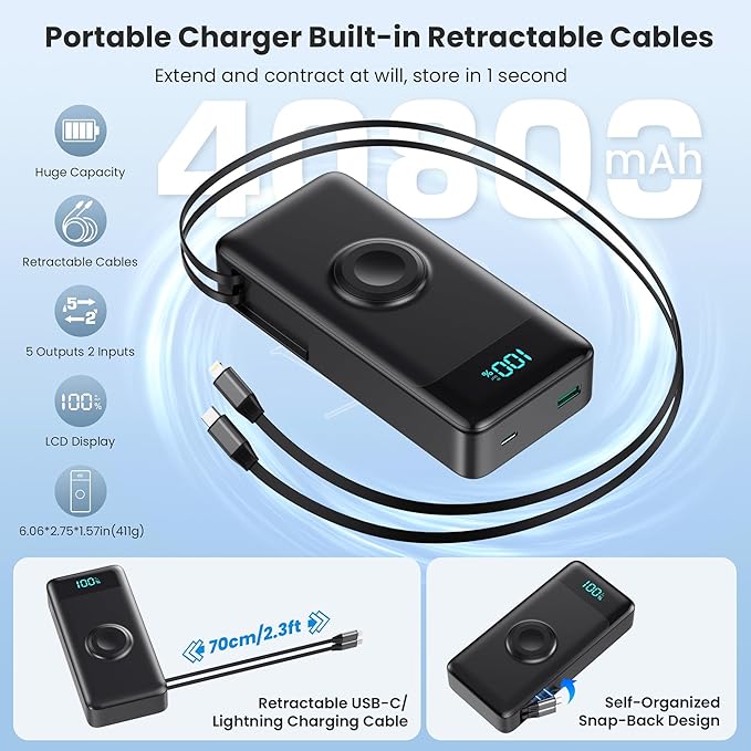 Portable Charger 40800mAh Power Bank with 2 Built-in Retractable Cables,25W PD Fast Charging Phone Charger with iWatch Charger,5 Output 2 Input LCD Display Battery Pack for iPhone 16/15,Android(Black)