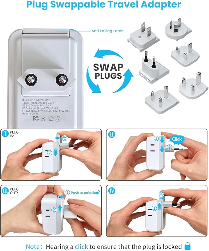 VINTAR Universal Travel Adapter Kit, International Power Adapter with 3 USB Ports (2 USB C) 4 AC Outlets, Type A,C,G,D,I,M Detachable Attachments, Travel Adapter Worldwide for US/EU/UK/India/Africa