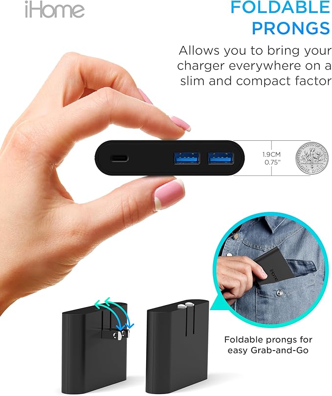 iHome 32W AC Pro Multi Port USB Wall Charger Block - Charging Station for Multiple Devices with 3 Ports (1 USB-C, 2 USB-A) - Fast Charging, Universal Compatibility (Black)