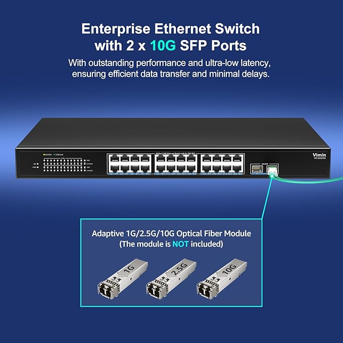 24 Port 2.5G Network Switch with 2x10G SFP, 24x 2.5G Base-T Ethernet Ports, Unmanaged Switch Compatible with 10/100/1000Mbps, 160Gbps Switching Capacity, Metal Housing, Fanless, 19-inch Rack Mount