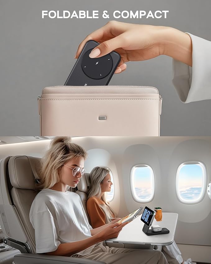 RORRY Portable Charger, 3-in-1 Charging Station 10000mAh Portable Charger Power Bank for MagSafe Foldable Battery Pack Travel for iPhone 16/15/14/13/12, for Apple Watch 10/9/8/7/6/5/Ultra/2, Black