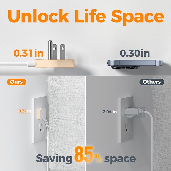 TESSAN Surge Protector Flat Extension Cord 5Ft, Flat Plug Power Strip with 4 Outlets 3 USB Ports (1 USB C), 900 Joules Protection, Multiple Wall Outlet Extender Suitable for Home Office Dorm, Grey