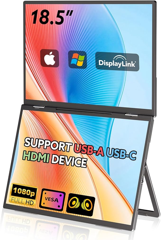 18.5'' Dual Portable Monitor FHD 1080P 100Hz USB-C HDMI External Folding Stacked Triple Monitor Built-in Stand Speakers for Laptop PC Windows Mac Portable Screen