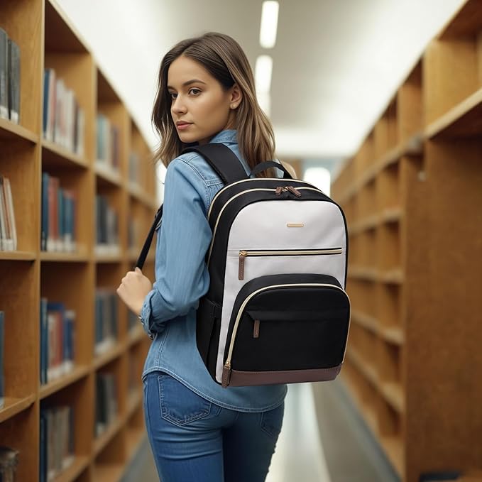 TENSTAR Laptop Backpack for Women, Computer Backpack Fit 16 Inch Notebook, Large Capacity College Backpack Bookbag Casual Daypack for Travel, Black with Beige