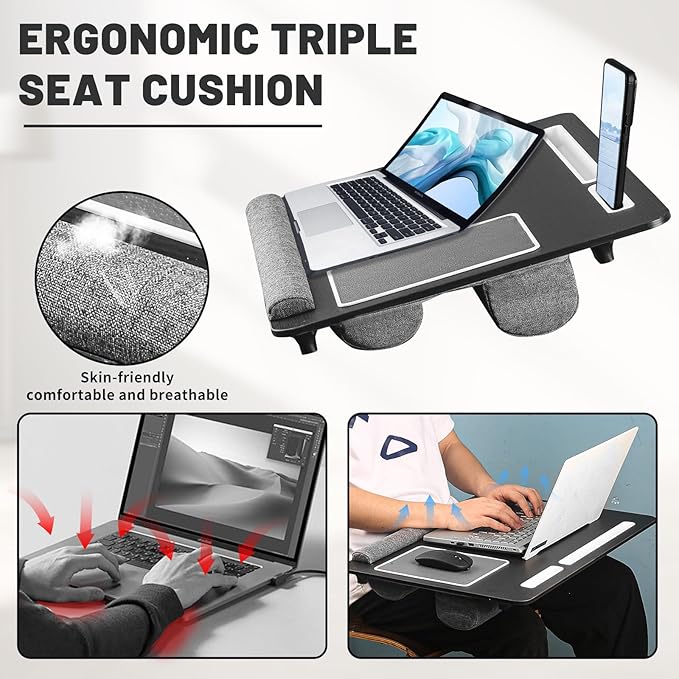 Lap Desk Bed Desk,17In Foldable Laptop Bed Tray Table with Mouse Pad,Wrist Rest and Adjustable Dual Cushion, Portable Wood Laptop Stand for Bed Sofa,Multifunctional Slot for Tablet & Phone