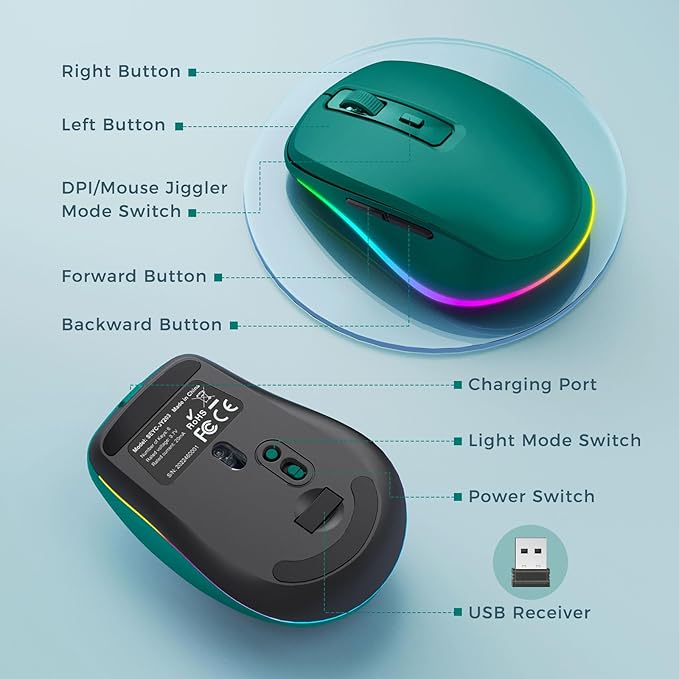PEIOUS Wireless Mouse Jiggler - LED Wireless Mice with Build-in Mouse Mover, Rechargeable Moving Mouse for Laptop with Undetectable Random Movement Keeps Computers Awake - Dark Green