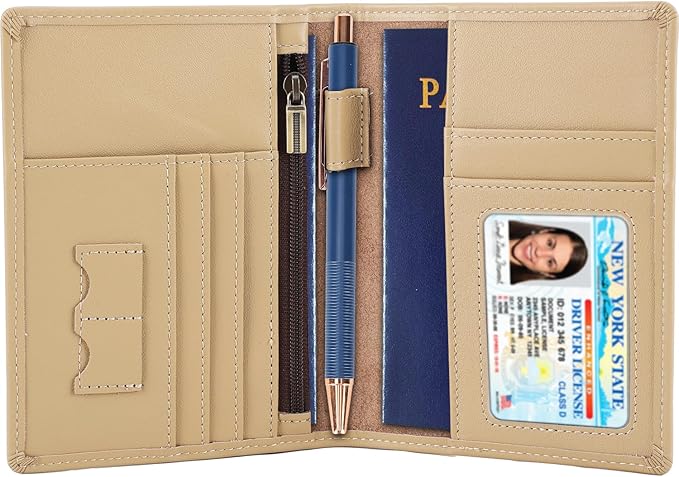 STAR VISTA Phoenix Leather Passport Holder, Calfskin Travel Wallet - RFID Blocking, ID Window, Zipper Pocket, Pen & Notebook Included, Ivory