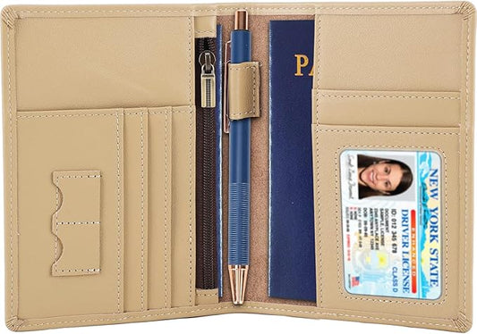 STAR VISTA Phoenix Leather Passport Holder, Calfskin Travel Wallet - RFID Blocking, ID Window, Zipper Pocket, Pen & Notebook Included, Ivory