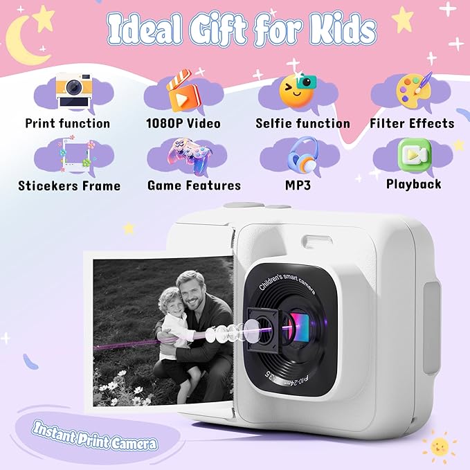 Kids Camera, 1080P Instant Digital Print Camera for Kids, Christmas Birthday Gifts for 4 5 6 7 8 9 10 Year Old Girls Boys, Portable Toy with 32GB SD Card & 3 Rolls Printing Paper, 1 Count, White