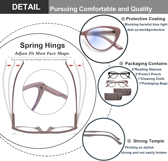 EYEURL Cat Eye Reading Glasses for Women - 2 Pack Blue Light Blocking Computer Readers 3.50 Spring Hinge Anti Glare/UV Ray Eyeglasses