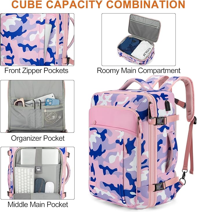 Travel Backpack 42L Carry on Backpack Flight Approved Expandable Travel Backpack Carry on Backpack Luggage Daypack (Pink Camouflage)