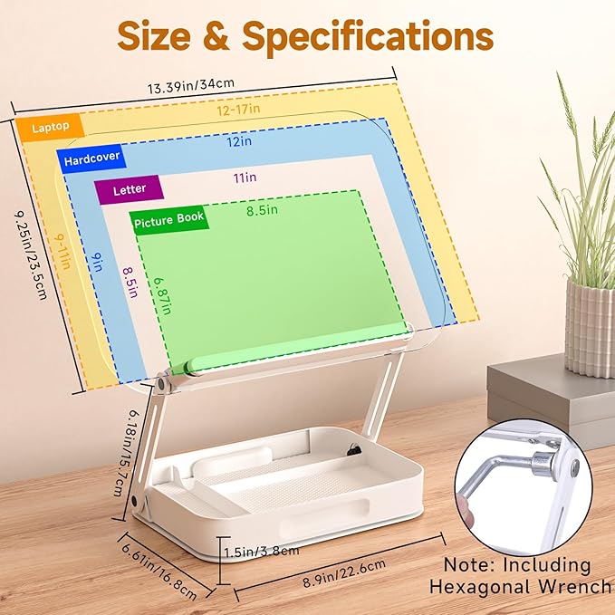 ASIEIT Book Stand for Reading, Adjustable Book Holder with 360° Rotating Bases & Elastic Page Clips, Foldable Desktop Riser with Storage, Display Stand for Bible, Laptop, Recipe, Textbook