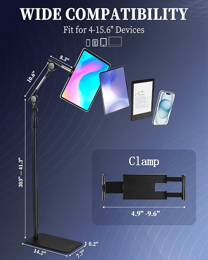 SHUWEI Tablet Floor Stand with Double Self-Locking Worm Gears, 63”Height Adjustable iPad Floor Stand with 7.5lb Stable Base, Compatible with 4.7-15.6'' iPad, Kindle, Phone, Portable Monitor, Black