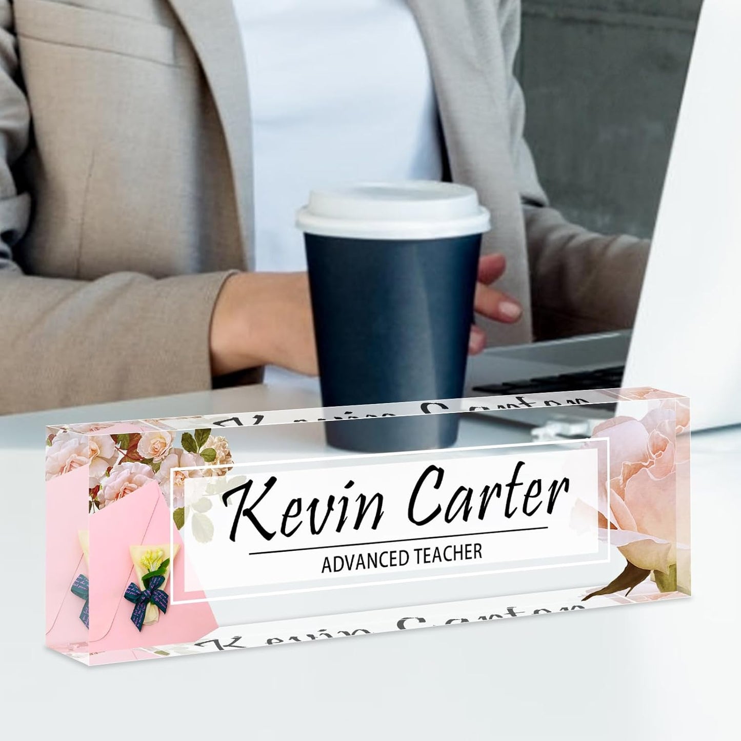 Name Plate for Desk Personalized, Acrylic Desk Decorations, Employee Appreciation Gifts, Custom Office Gifts for Coworkers, Boss, Teacher, Nurse (Pink Rose)