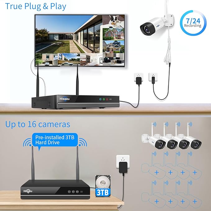 Hiseeu 3MP Wireless Security Camera System with 12 Outdoor Cameras, 16CH WiFi NVR, Color Night Vision, Spotlight & Siren, 2-Way Audio, 3TB Hard Drive, 24/7 Recording, Home Surveillance Kit