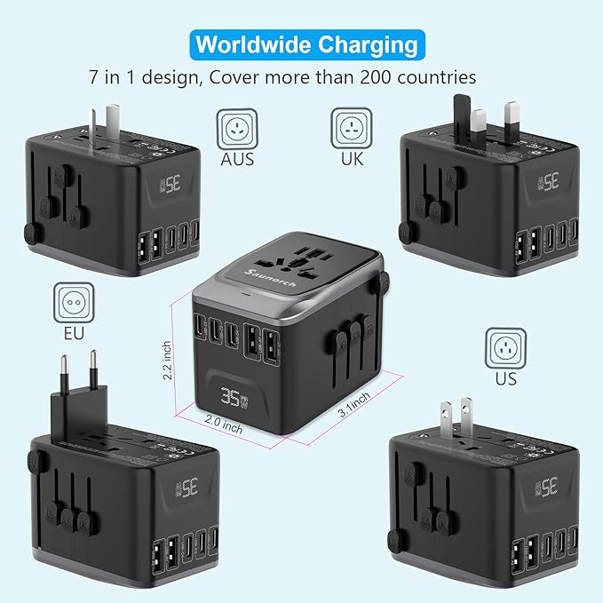 Universal Travel Adapter, PD 35W 7 in 1 International Power Plug Adapter with 7.0A 4 USB-C and 2 USB-A Fast Wall Charger, Worldwide AC Outlet for US Europe UK AUS (Black+Silver)