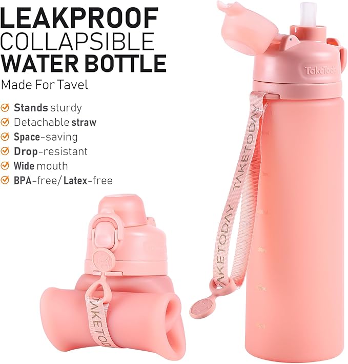 TakeToday Collapsible Water Bottles 20oz, Leak Proof, BPA-Free, Foldable Silicone Travel Water Bottle with Straw Strap for Cycling, Hiking, Outdoors