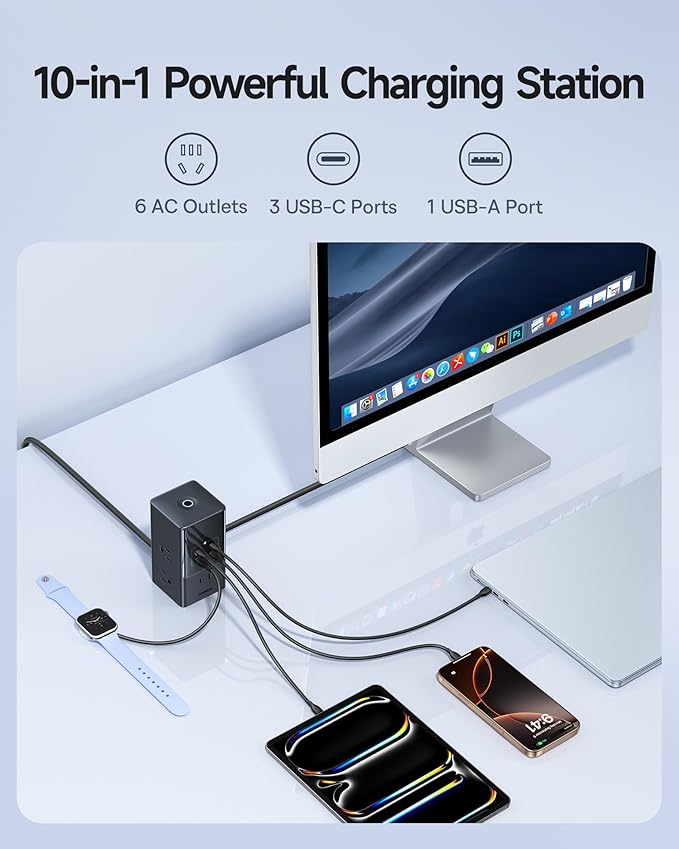 Baseus Charging Station 67W, 10-in-1 USB-C PD Fast Charging Desktop Charger with 1200J Surge Protection, 5ft Extension Cord, 6 AC, 3 USBC, 1 USBA Ports for iPhone 17/16, MacBook, Tablet, Desktop