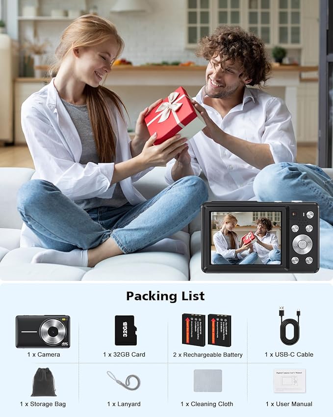 Digital Camera, 4K 64MP Camera for Photography and Video, Autofocus Compact Camera with Selfie Lens, Anti-Shake, 16X Zoom, 32GB Card, Point Shoot Camera for Teens Adult Beginner(Black)