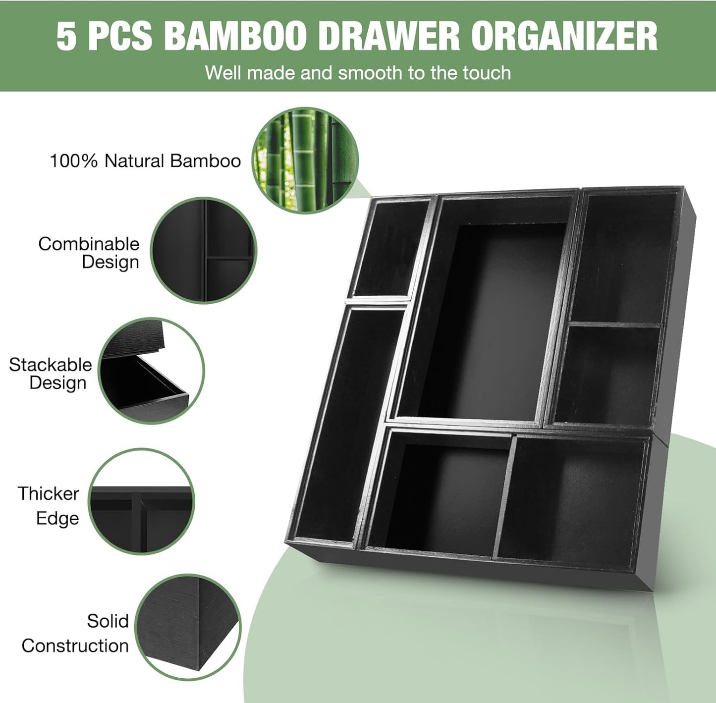 Bamboo Drawer Organizer, 5-Piece Silverware & Kitchen Organizer Set with Removable Dividers for Kitchen, Utensils, Bathroom, Office, Makeup (Black)