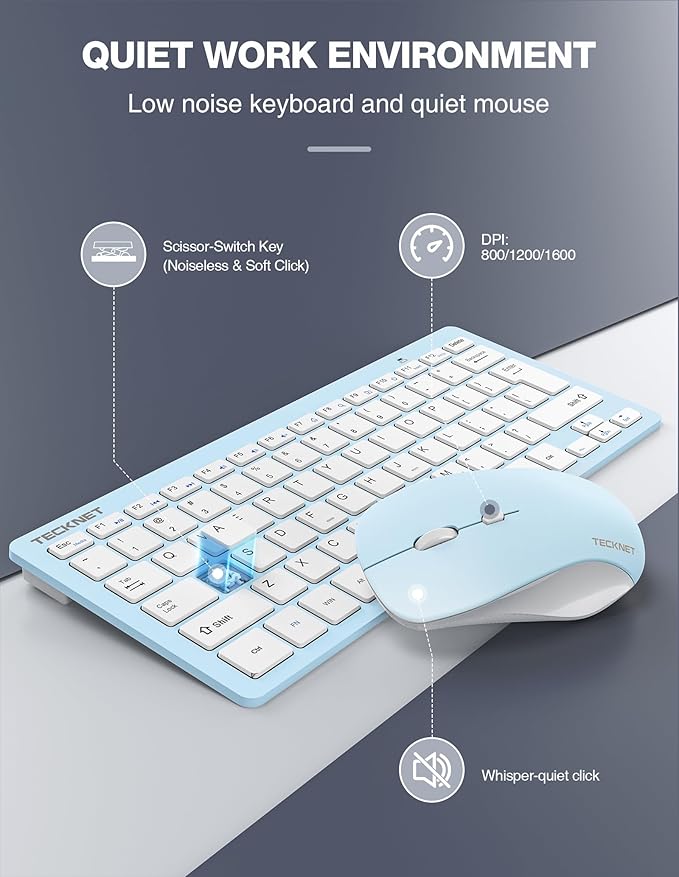TECKNET Wireless Keyboard and Mouse Combo, Mini Cordless Computer Keyboard and Mouse Set 2.4GHz, Silent Adjustable 1600 DPI, Quiet Click, Lag-Free for Computer, Laptop, PC, Windows, Mac, Chrome OS
