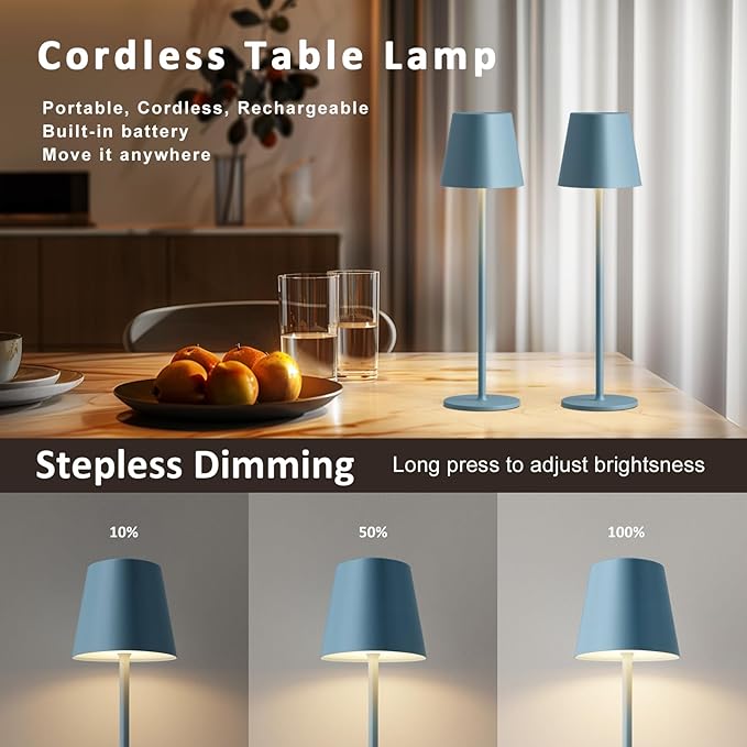 Kakanuo Cordless Table Lamps Pack of 4, Portable LED Desk Lamp, Battery Operated Lamp, Wireless Rechargeable Lamp, 3 Color Stepless Table Lamp for Restaurant, Bar, Party, Camping and Bedroom - Blue