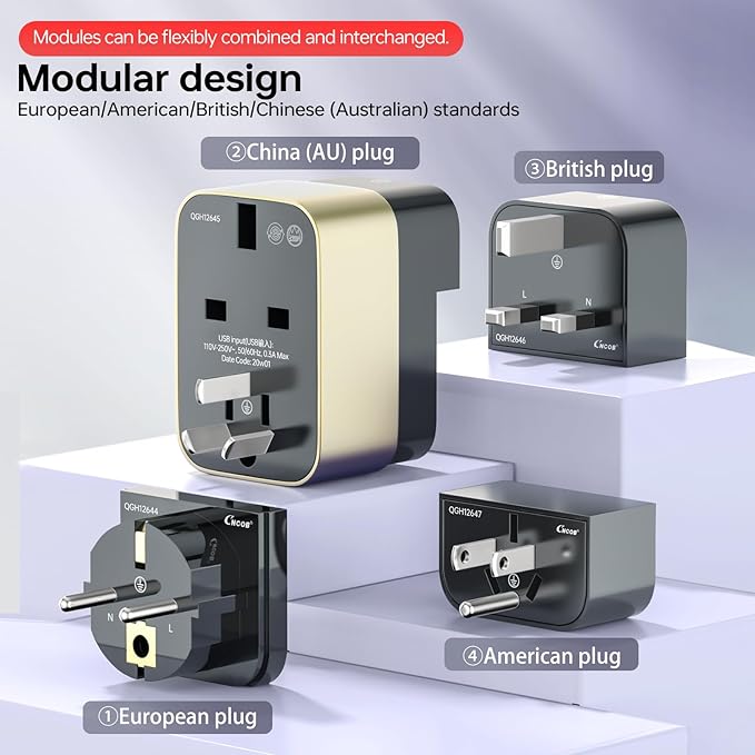 Universal Travel Adapter, 2500W Power Rating, International Plug Set, Dual Type-C Fast Charging Ports