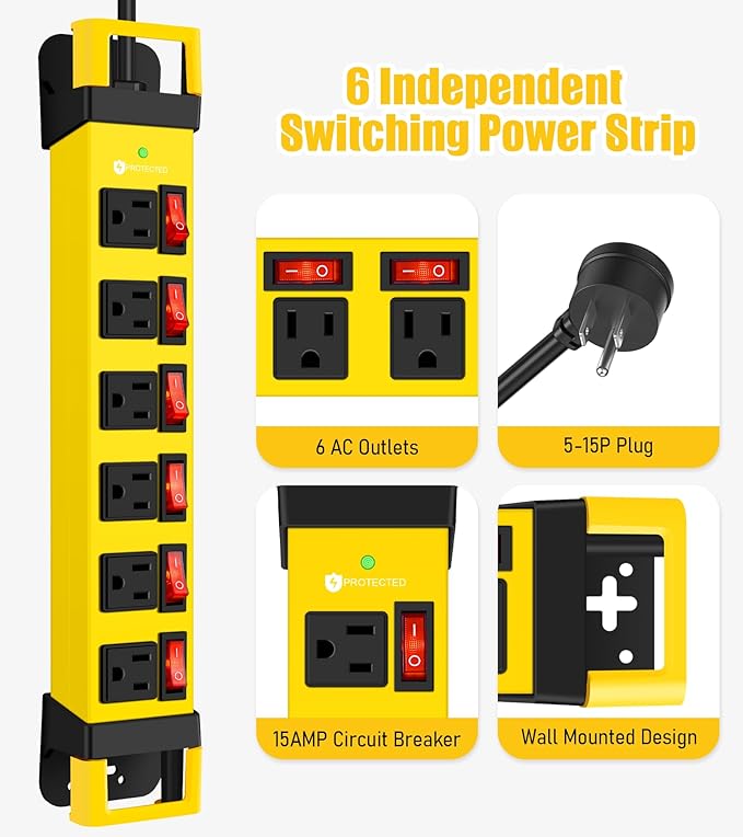 Heavy Duty Power Strip,6 Outlets Metal Power Strip with Individual Switch & Cord Management,Mountable Surge Protector 1200J,6FT Extension Cord(Yellow,6 FT)