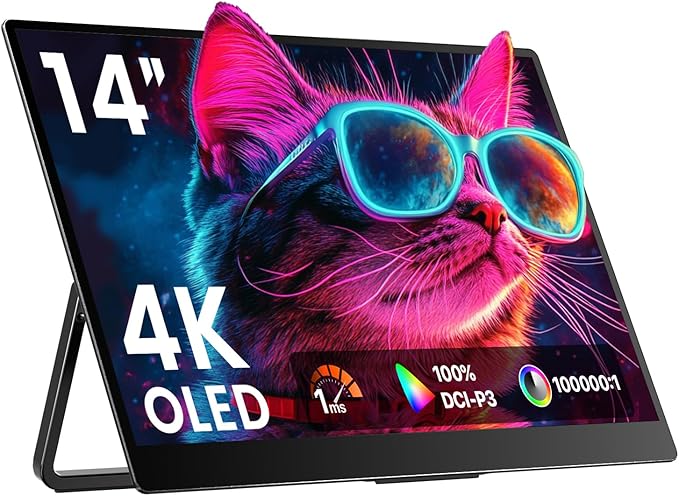 Portable Monitor 14" 4K 3840X2400 100000:1 100% DCI-P3 60Hz OLED HDMI USB-C Travel Monitor for Laptop MacBook PC Surface PS5 Xbox, External Display with Kickstand & Speakers, VESA Compatible