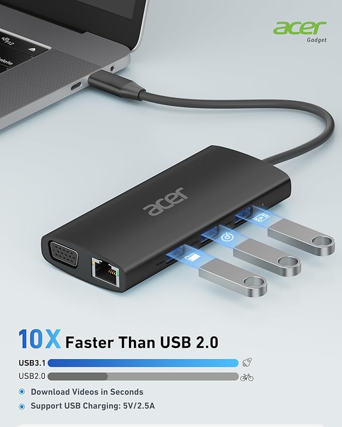 Acer USB C Hub with 4K HDMI, 9-in-1 USB C to Ethernet Adapter, 5Gbps USBA 3.0 Docking Station, VGA Splitter, SD Card Reader, PD 100W Charging for MacBook, Acer, Laptops, Surface and More (Black)