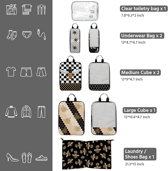 7 Pcs Compression Packing Cubes for Travel, Waterproof Suitcase Luggage Backpack Organizer with Toiletry Bag Travel Essentials for Women/Men-Bees