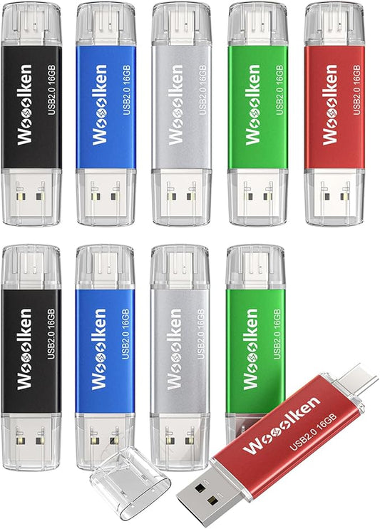 USB C Flash Drive 16GB 10 Pack, Wooolken Type-C Flash Drive + USB 2.0 Thumb Drive OTG Memory Stick Compatible with iPhone 16/15, Android Smartphone/Tablets/Computers