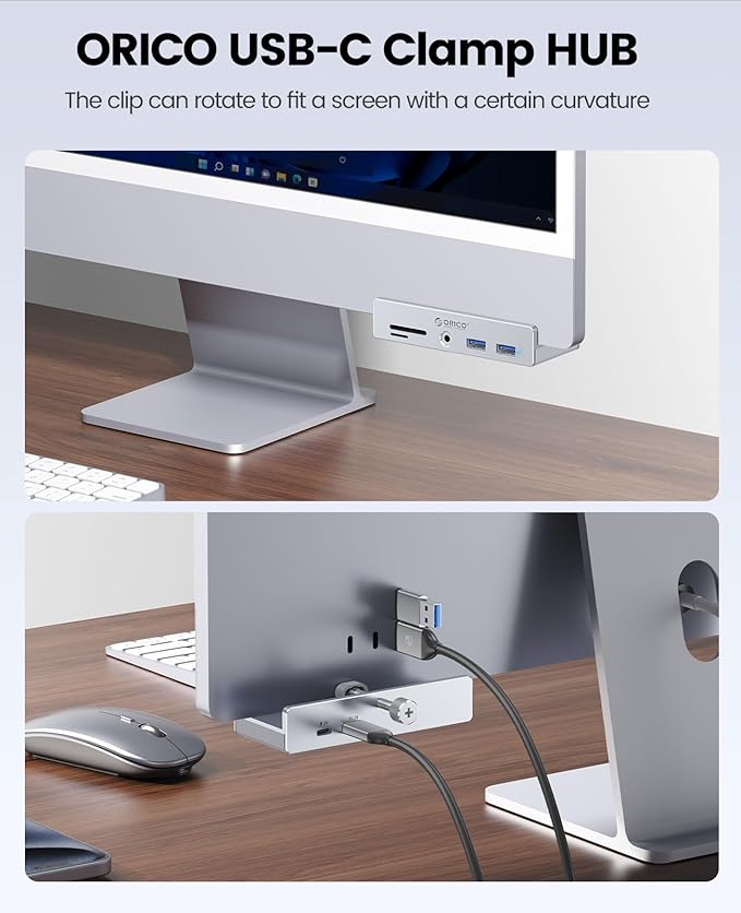ORICO USB Hub 3.0, Clamp USB Hub with Extra Power Port, Aluminum USB C Adapter with 2 USB-A Data Ports,3.5mm AUX, SD/TF Card Reader for Desktop(Silver)