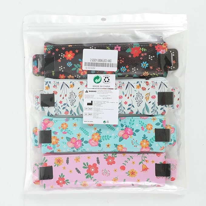 MoKo Elastic Pen Holder for Notebook, 4 Pieces PU Leather Pencil Case with Adjustable Band, Stationery School Supplies Zipper Bag for Planners, Journals, Book