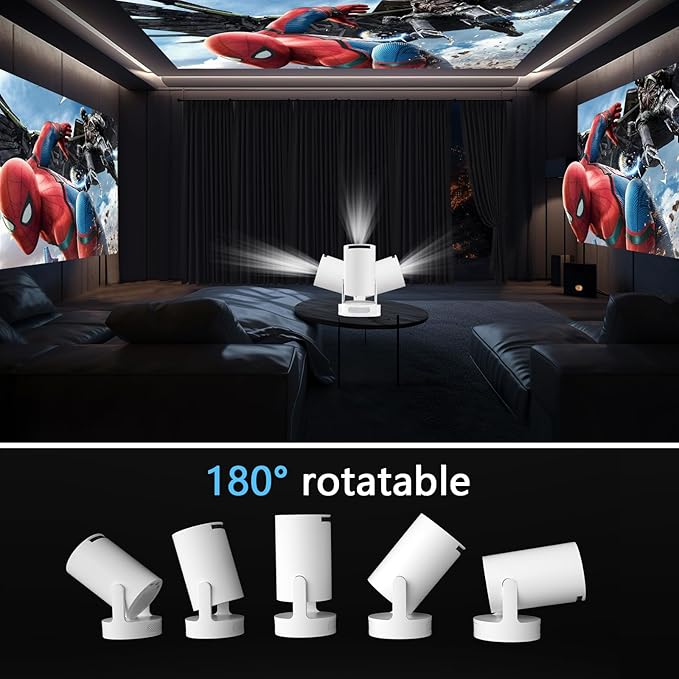 Mini Projector Android, WiFi Bluetooth 1080P Support HD Smart Projector with Apps, Auto Keystone, 180° Rotation, Portable Home Outdoor Movie Projector, Compatible Smartphone, Laptop, HDMI