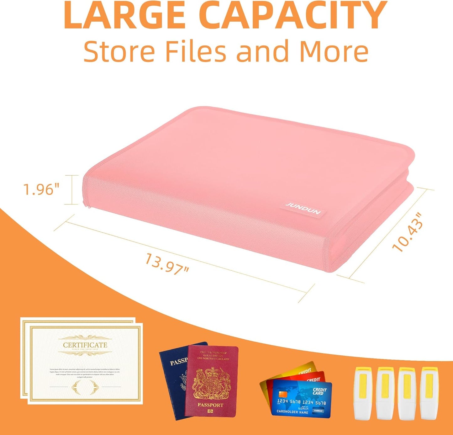 JUNDUN Accordion File Organizer - Fireproof Accordion Folder with Zipper & Labels - 12 Pocket Expanding File Folder with Multi-Pockets Paper Organizer Folder for Letter A4 Files and More (Pink)