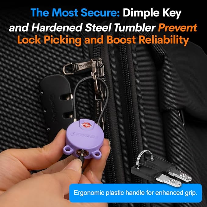Forge TSA Approved Luggage Locks Ultra-Secure Dimple Key Locks, Cable Lock, for Travel with Zinc Alloy Body- 2 Purple Locks